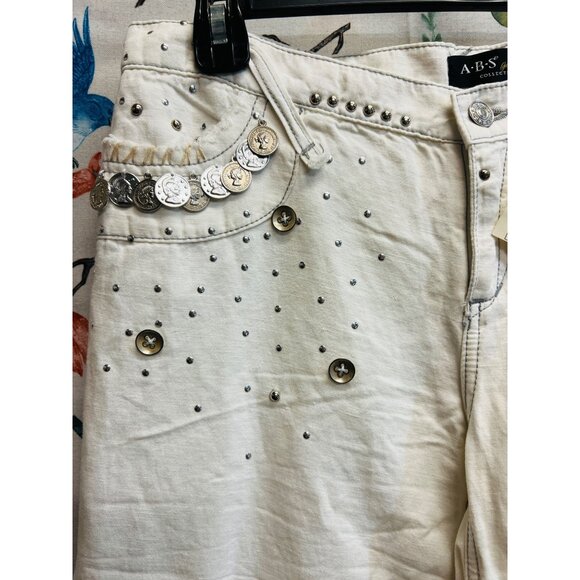 ABS Collection White Wide-Leg Distressed Capri Pants Coin & Stud Charms Size 28 - Picture 3 of 9